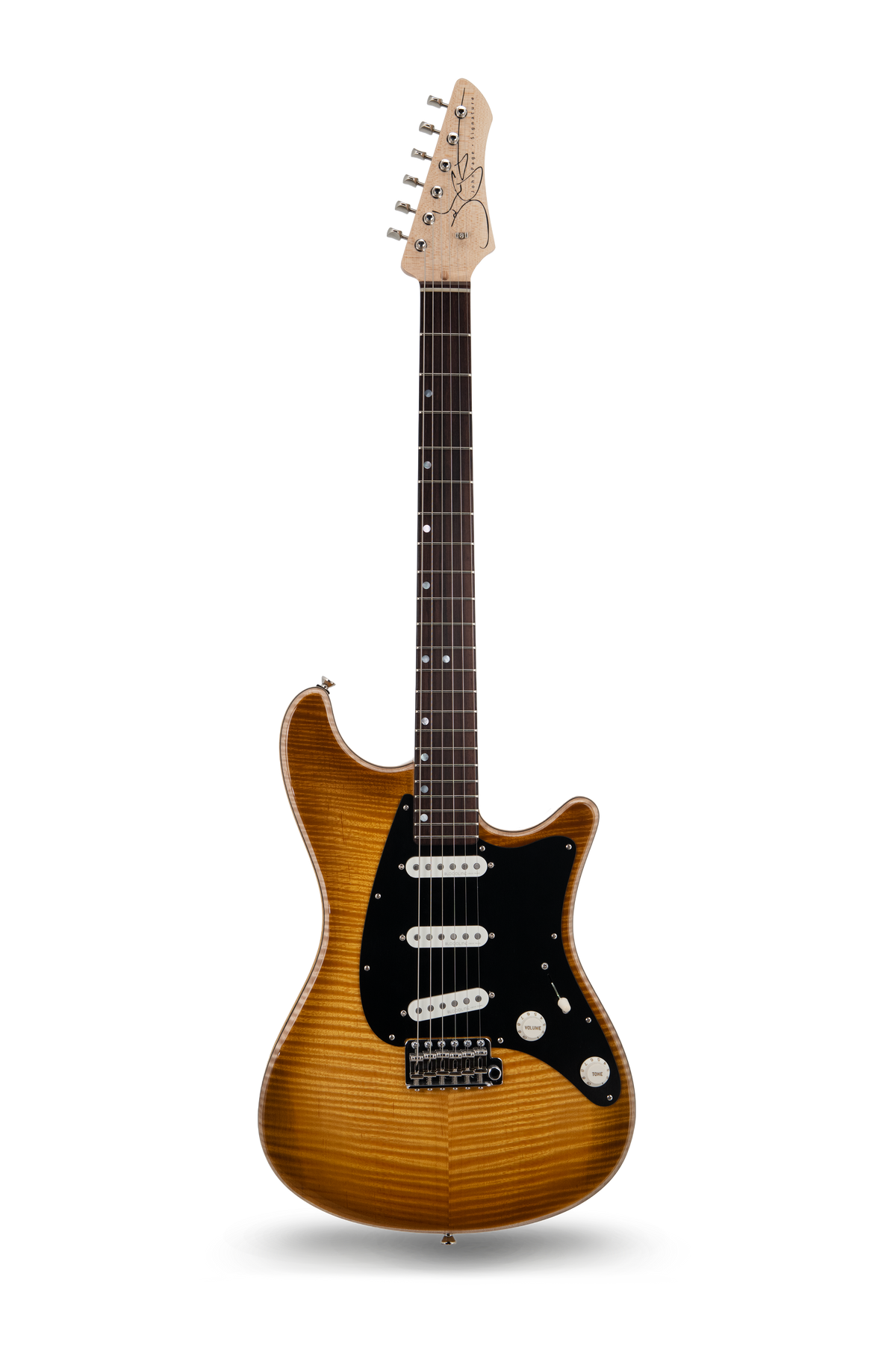 Ashburn Flame Maple top in trans burst electric guitar, John Page Guitars, rosewood fretboard, full front view