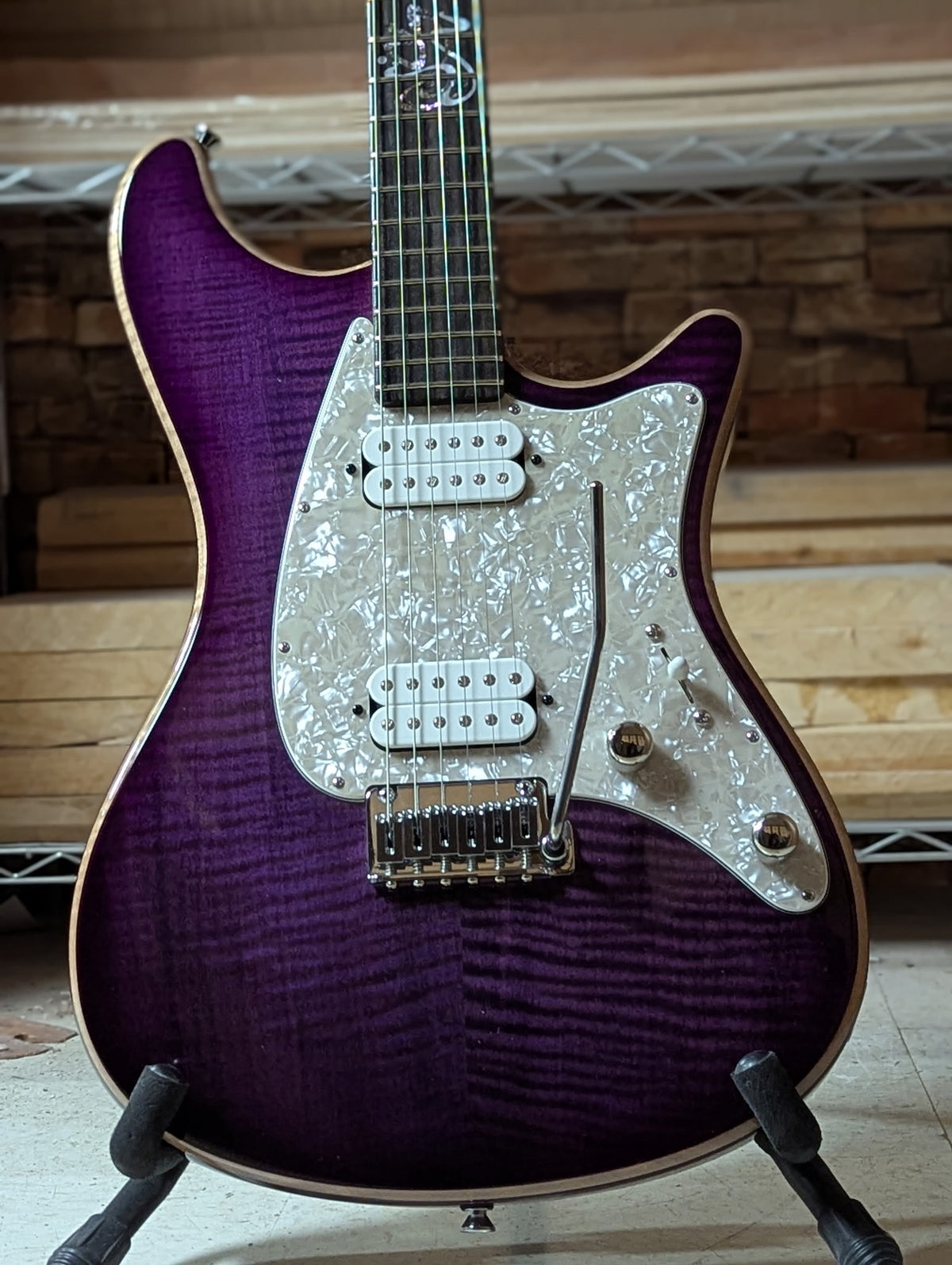 Ashburn in Trans Amethyst electric guitar, Private Reserve, John Page Guitars, ebony fretboard, close-up front detail (straight-on)