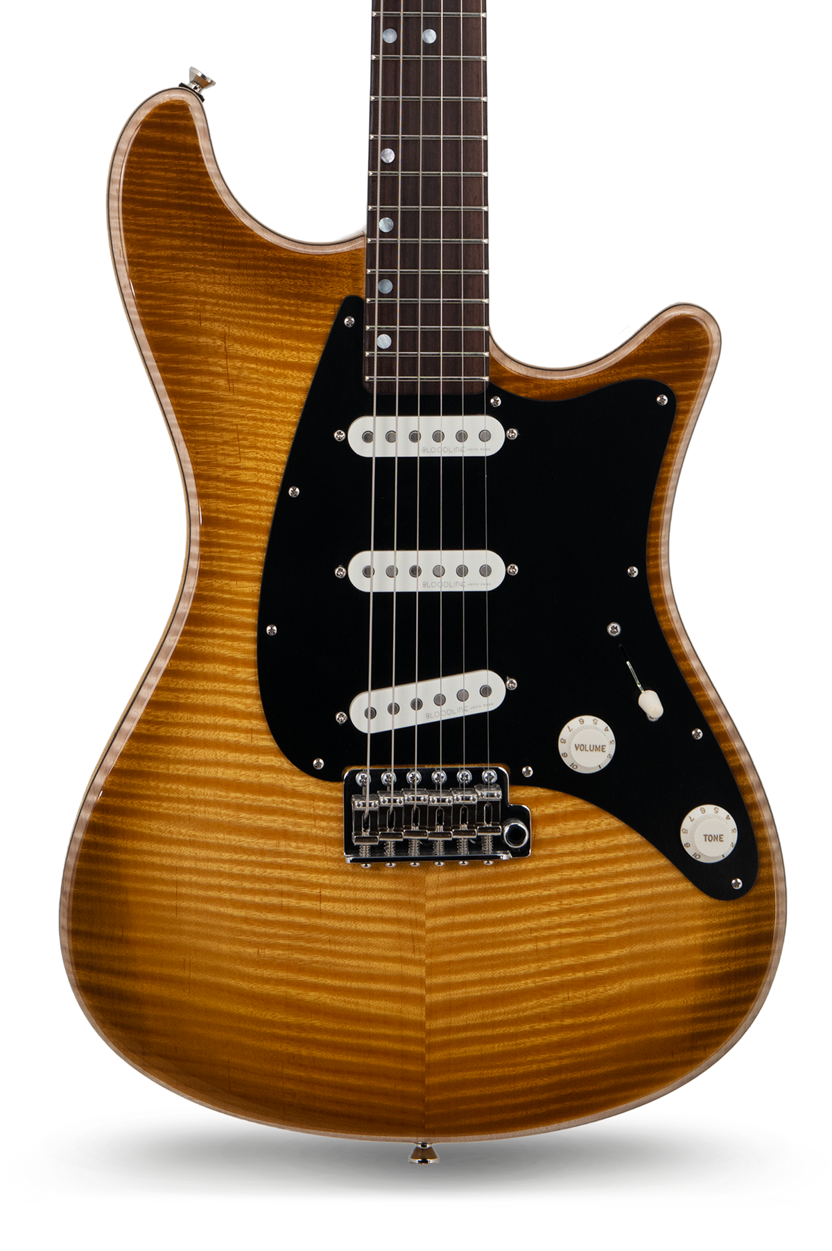 Ashburn Flame Maple top in trans burst electric guitar, John Page Guitars, rosewood fretboard, close front view