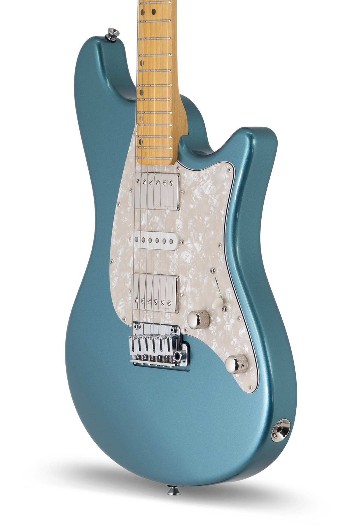 Ashburn in Pelham Blue - Matt Muehling Signature electric guitar, John Page Guitars, maple fretboard, close-up angled detail