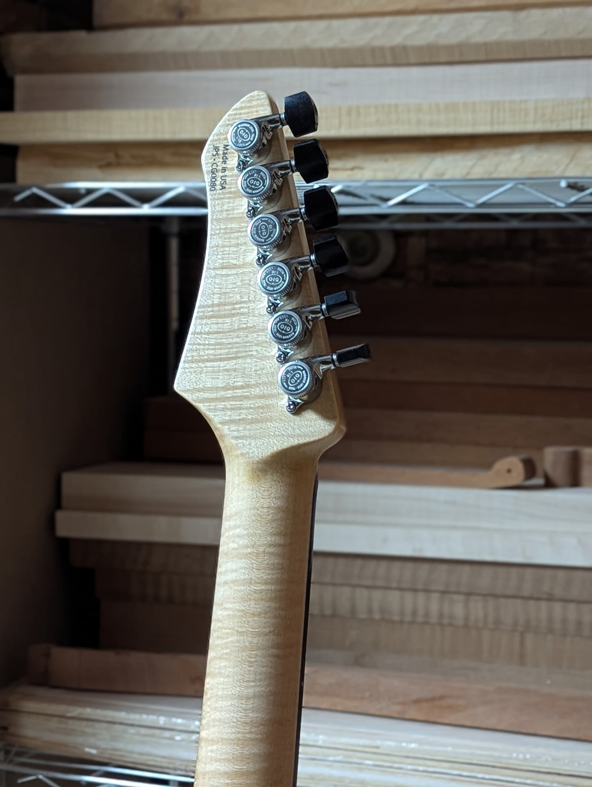 Ashburn in Trans Amethyst electric guitar, Private Reserve, John Page Guitars, ebony fretboard, neck and headstock detail (back).