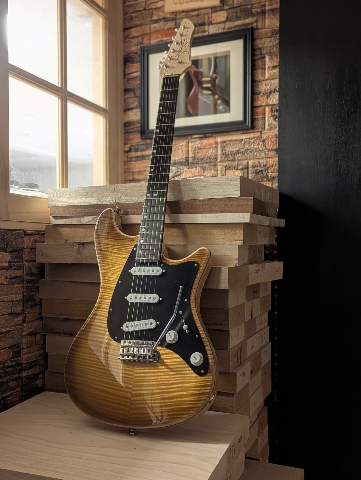 Ashburn Flame Maple top in trans burst electric guitar, John Page Guitars, rosewood fretboard, full front shop photo