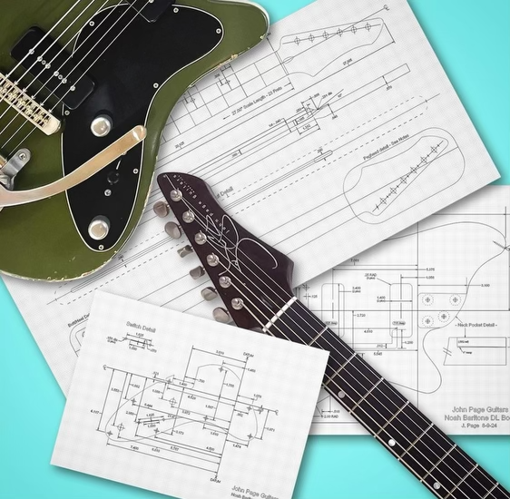 Green DL guitar with guitar design pages on cyan background.