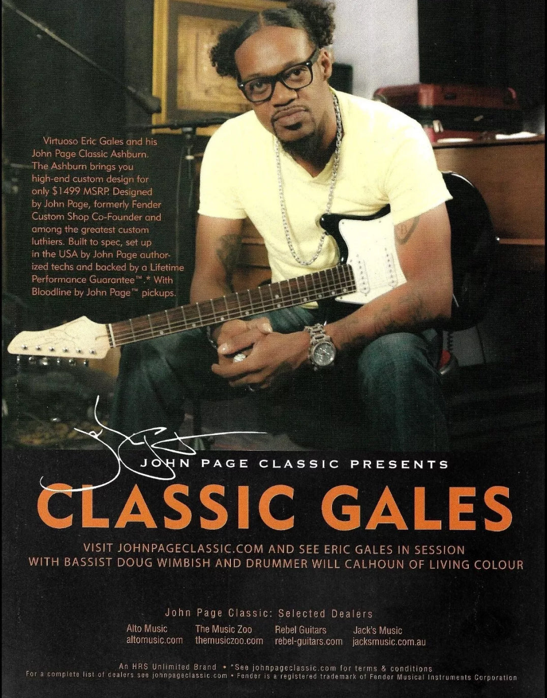 "John Page Classic presents Classic Gales" documentary movie poster showing Eric Gales seated with a Black AJ guitar.