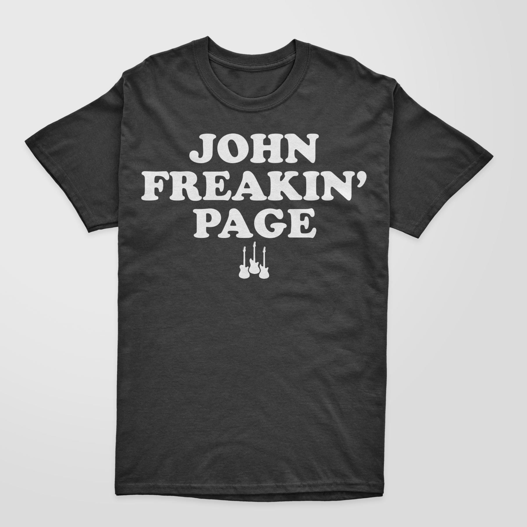 A black crew neck t-shirt with the text 'JOHN FREAKIN' PAGE' printed in white on the front.