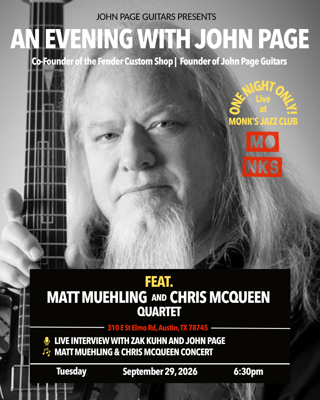 An Evening With John Page Live at Monk's Jazz Club, Austin, TX - September 29, 2026