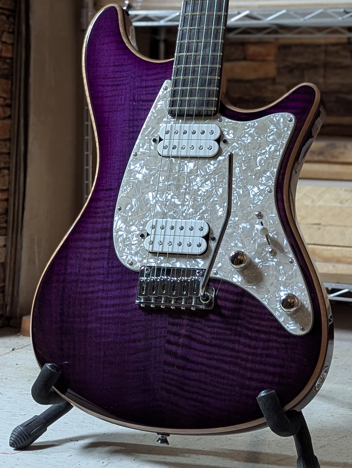 Ashburn in Trans Amethyst electric guitar, Private Reserve, John Page Guitars, ebony fretboard, close-up front detail