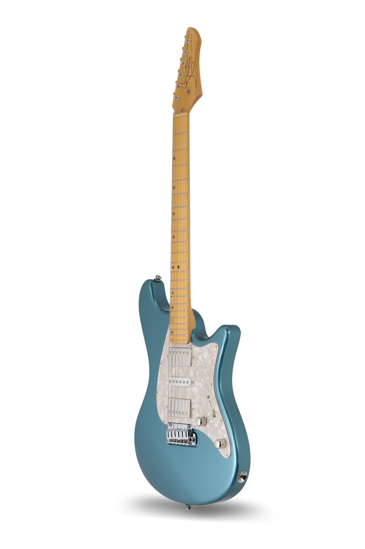 Ashburn in Pelham Blue - Matt Muehling Signature electric guitar, John Page Guitars, maple fretboard, full body front angle