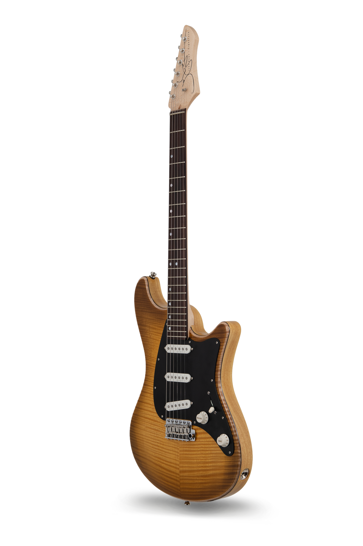 Ashburn Flame Maple top in trans burst electric guitar, John Page Guitars, rosewood fretboard, front angle view