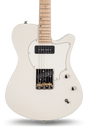 AJ in Olympic White electric guitar, John Page Guitars, maple fretboard, close-up front detail