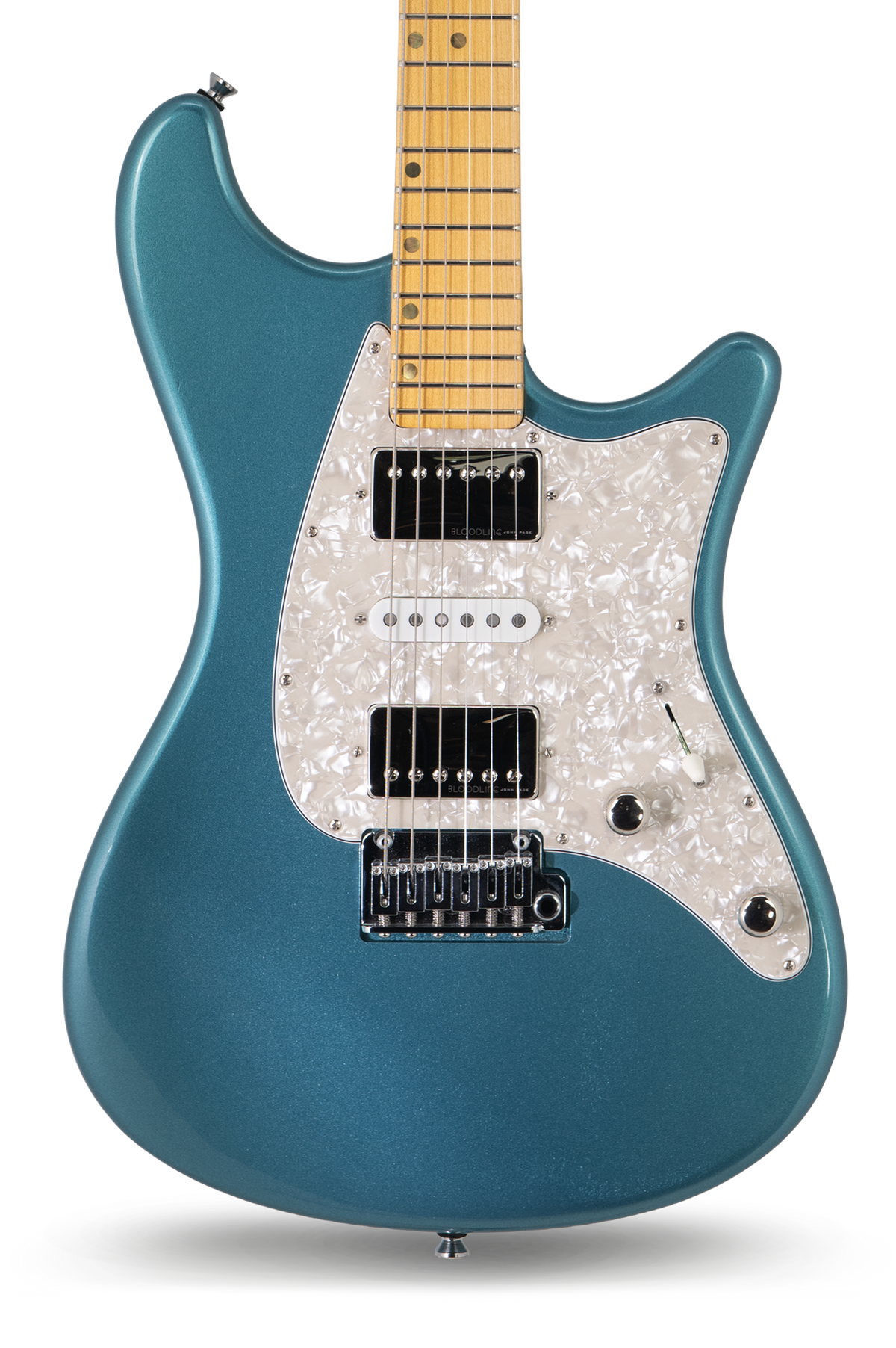 Ashburn in Pelham Blue - Matt Muehling Signature electric guitar, John Page Guitars, maple fretboard, close-up front detail