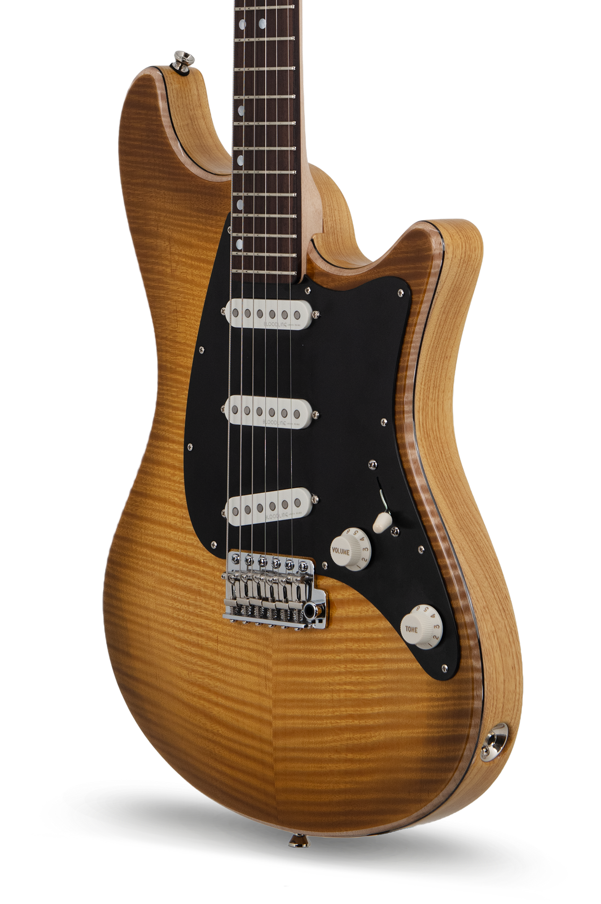 Ashburn Flame Maple top in trans burst electric guitar, John Page Guitars, rosewood fretboard, close front angle view