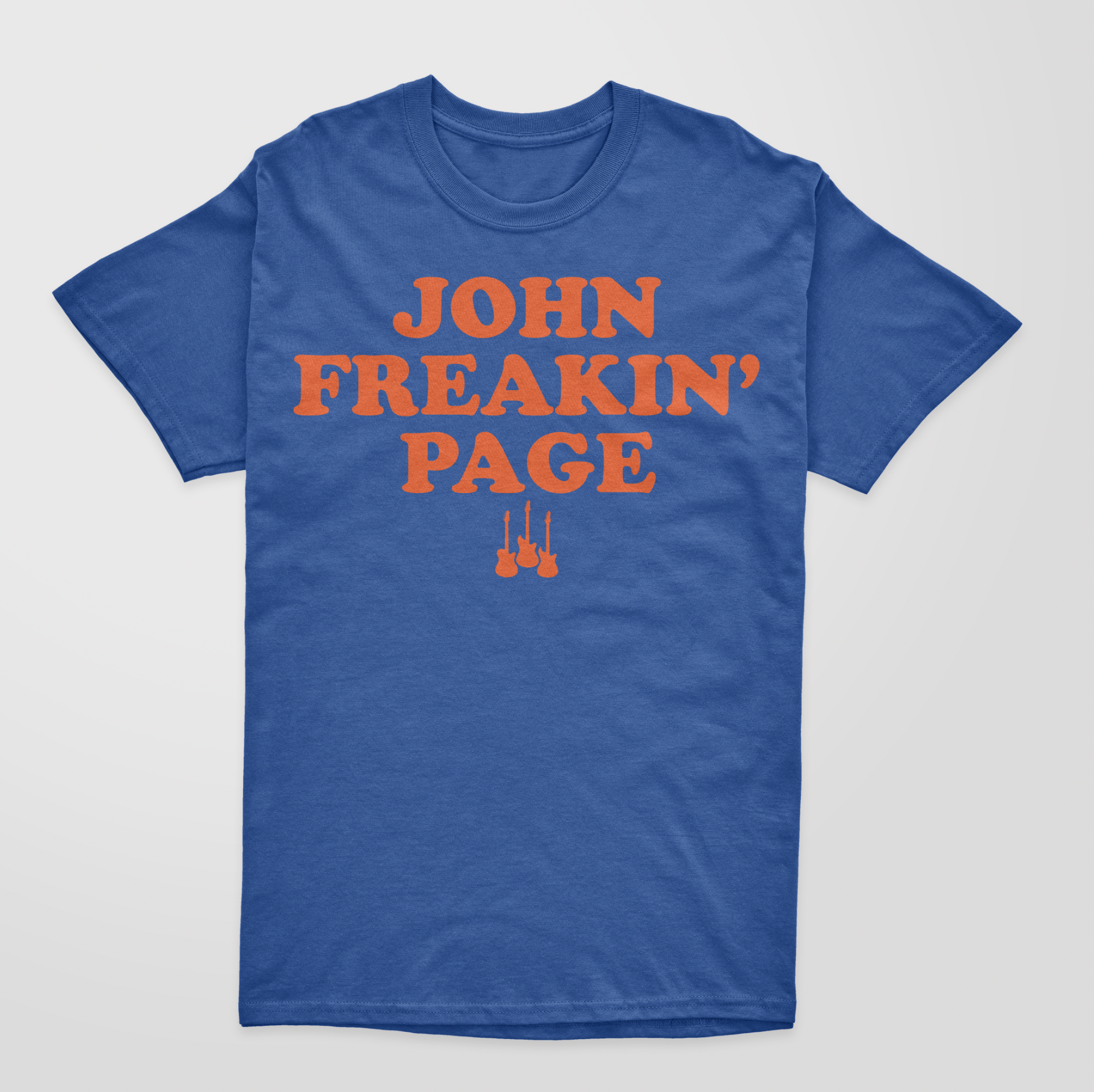 A blue t-shirt with 'JOHN FREAKIN' PAGE' printed in orange text on the front.